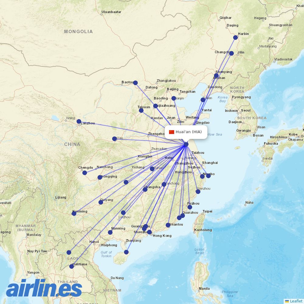 China Eastern Airlines from Huai'an Lianshui Airport destination map