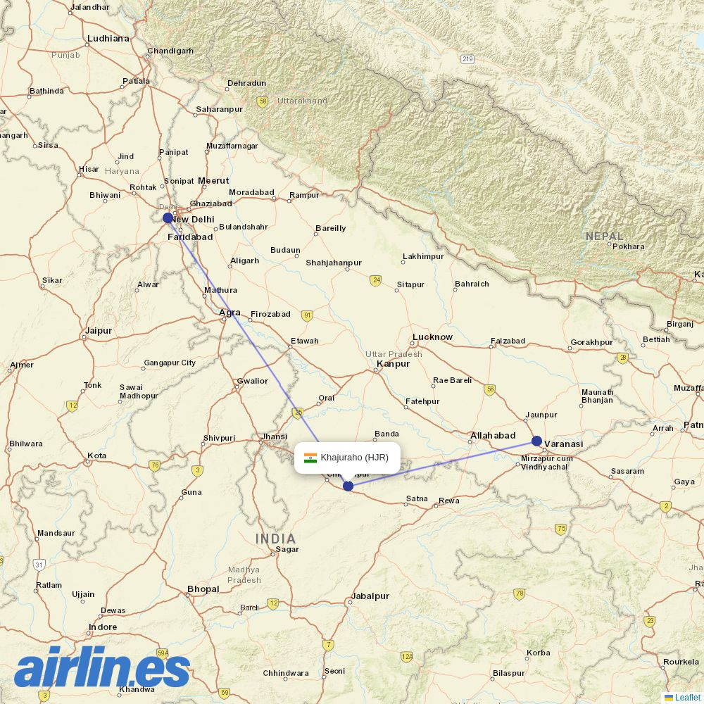 IndiGo from Khajuraho destination map