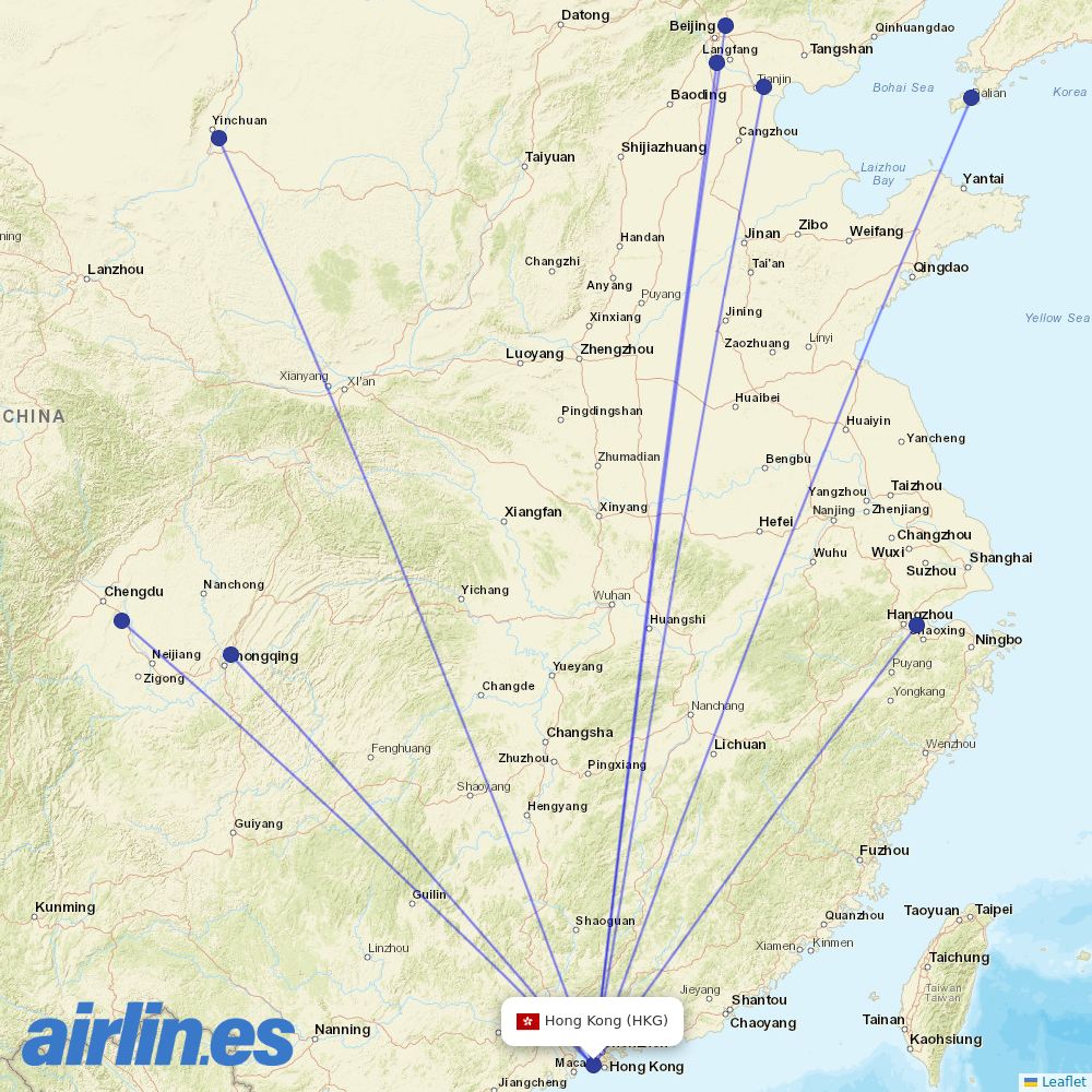 Air China from Hong Kong International Airport destination map