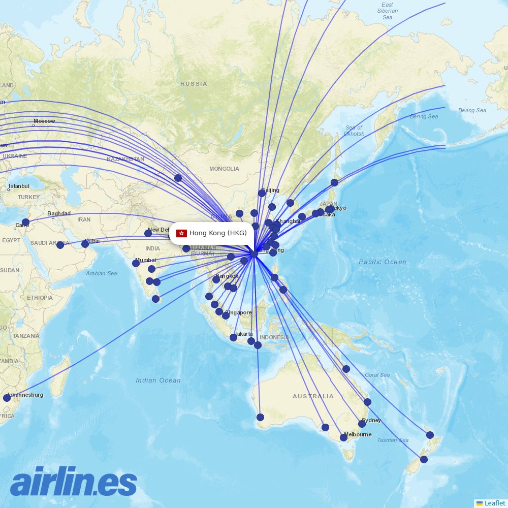 Cathay Pacific from Hong Kong International Airport destination map