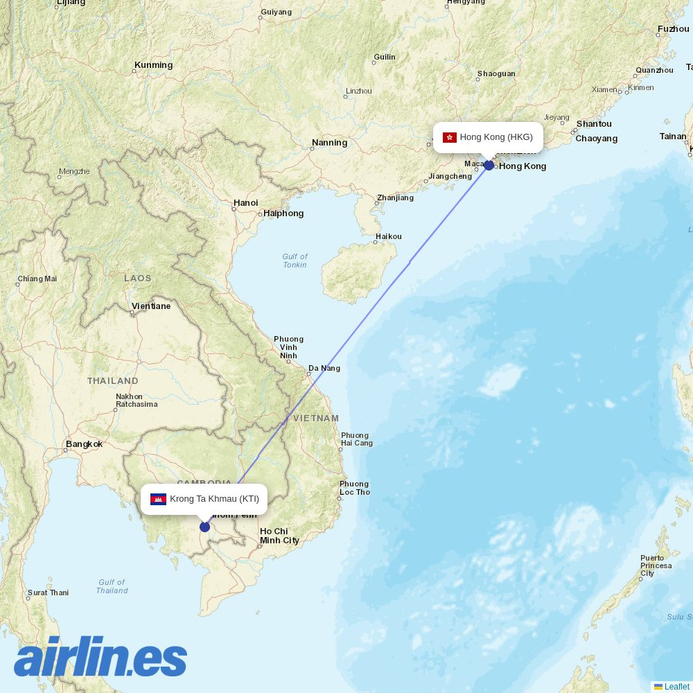 Air Cambodia from Hong Kong International Airport destination map