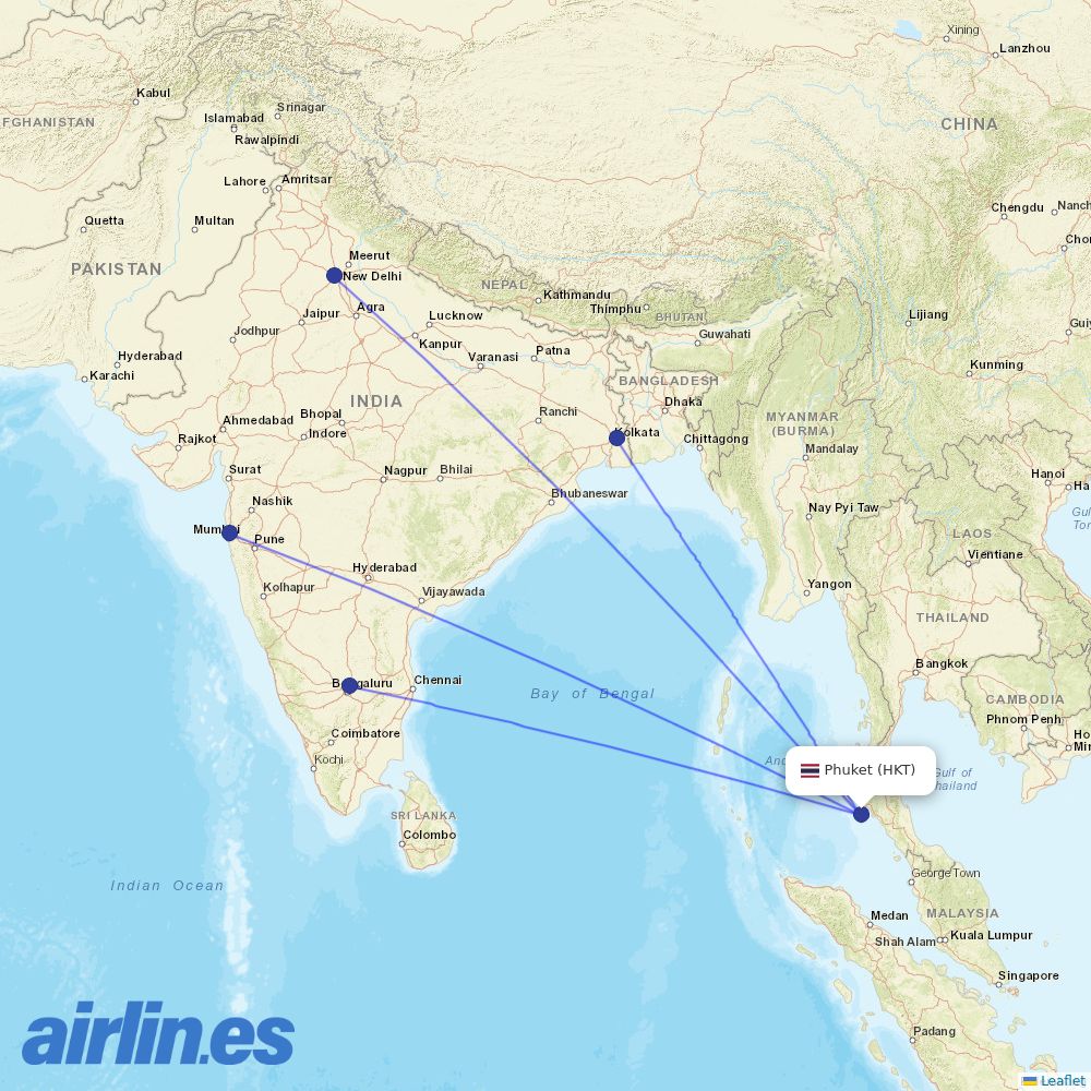 IndiGo from Phuket International Airport destination map