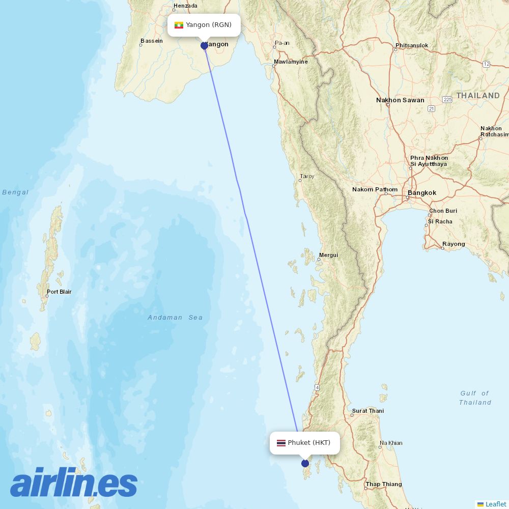 Myanmar Airways International from Phuket International Airport destination map
