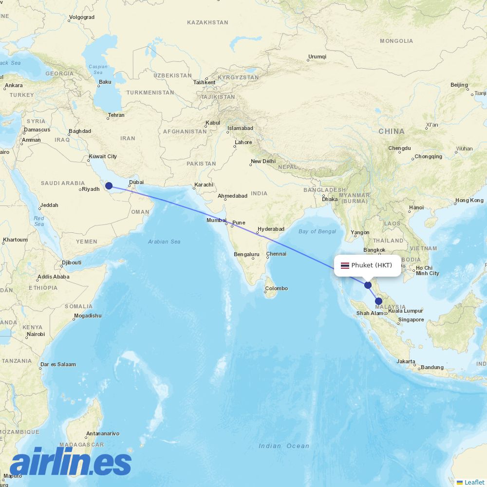 Qatar Airways from Phuket International Airport destination map