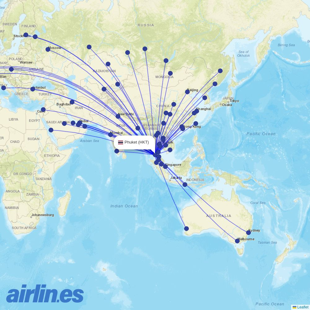 Aeroflot from Phuket International Airport destination map