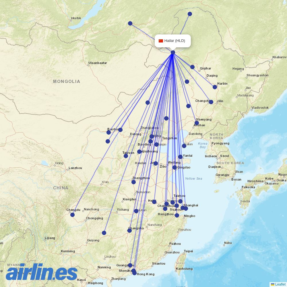 Qingdao Airlines from Dongshan destination map