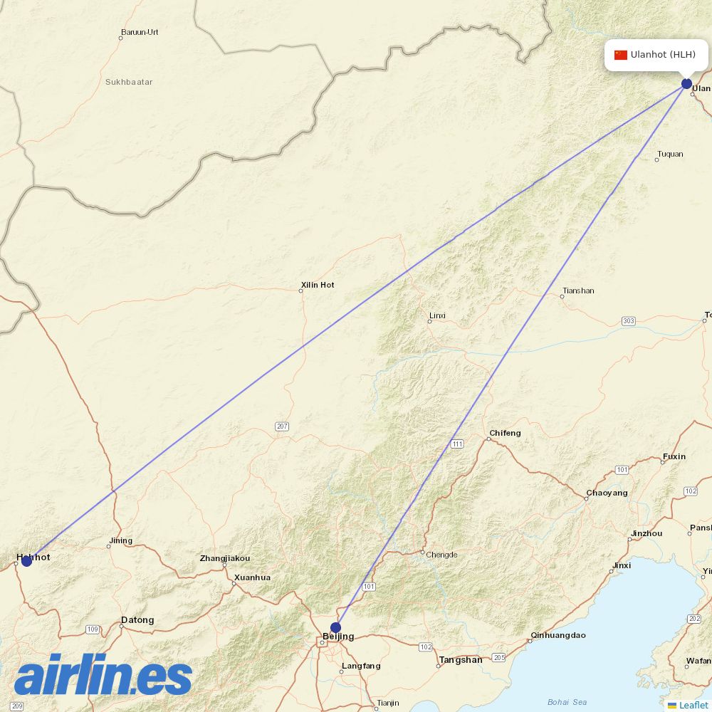 Air China from Ulanhot Airport destination map