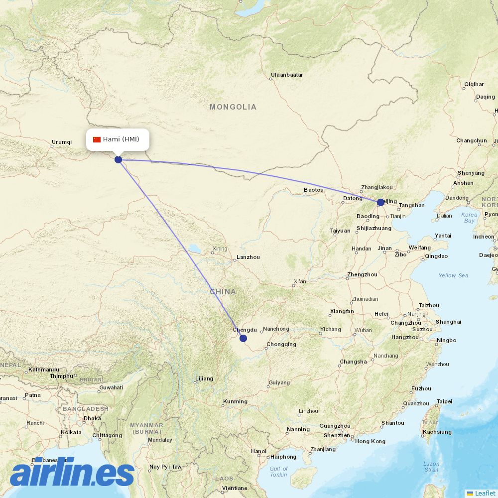 Air China from Hami Airport destination map