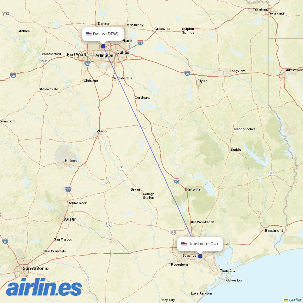 American Airlines from William P. Hobby Airport destination map