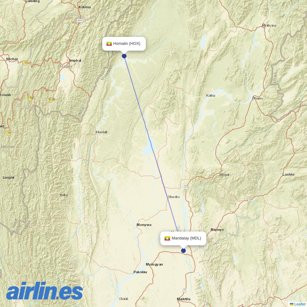 Myanmar Airways International from Homalin Airport destination map