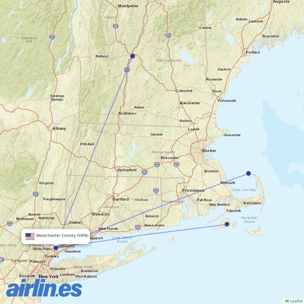 Cape Air from Westchester Co destination map