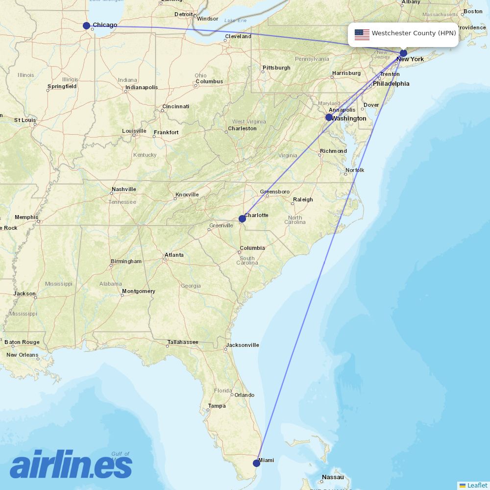 American Airlines from Westchester Co destination map