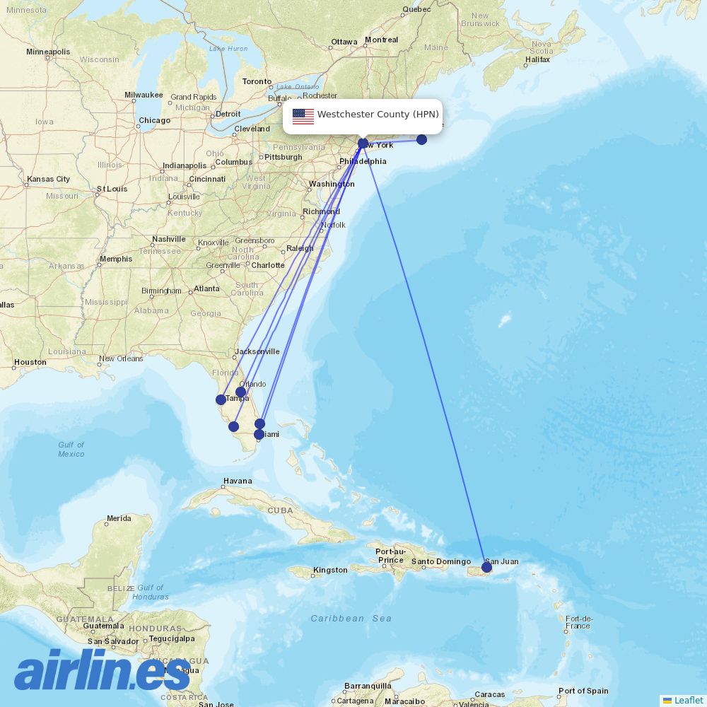 JetBlue Airways from Westchester Co destination map