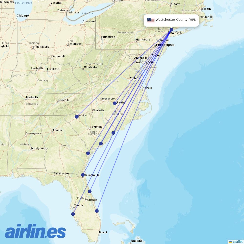Breeze Airways from Westchester Co destination map