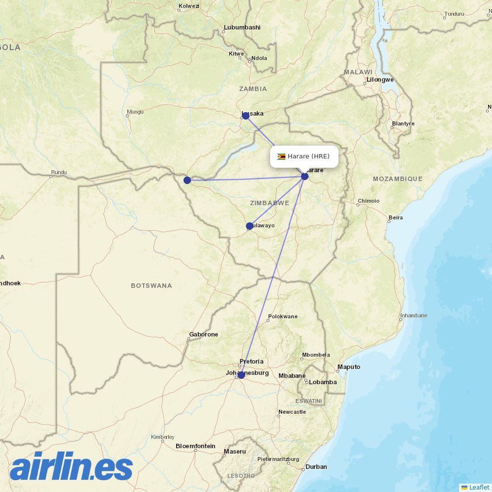 Fastjet Zimbabwe from Harare International destination map