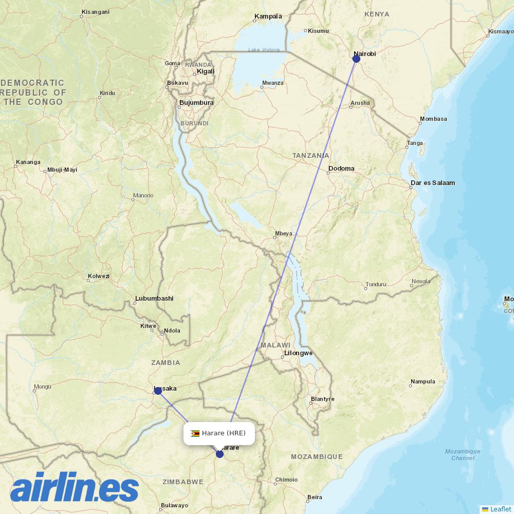 Kenya Airways at HRE route map