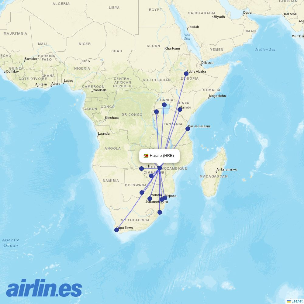 Uganda Airlines from Harare International destination map