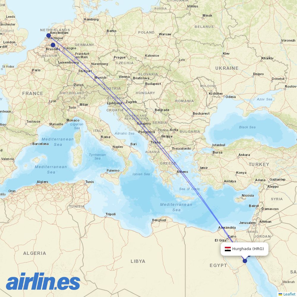 TUIfly Netherlands from Hurghada International Airport destination map