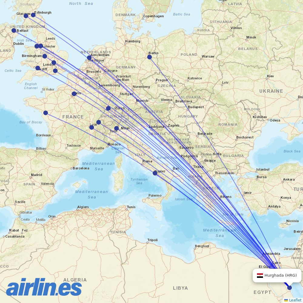 easyJet from Hurghada International Airport destination map