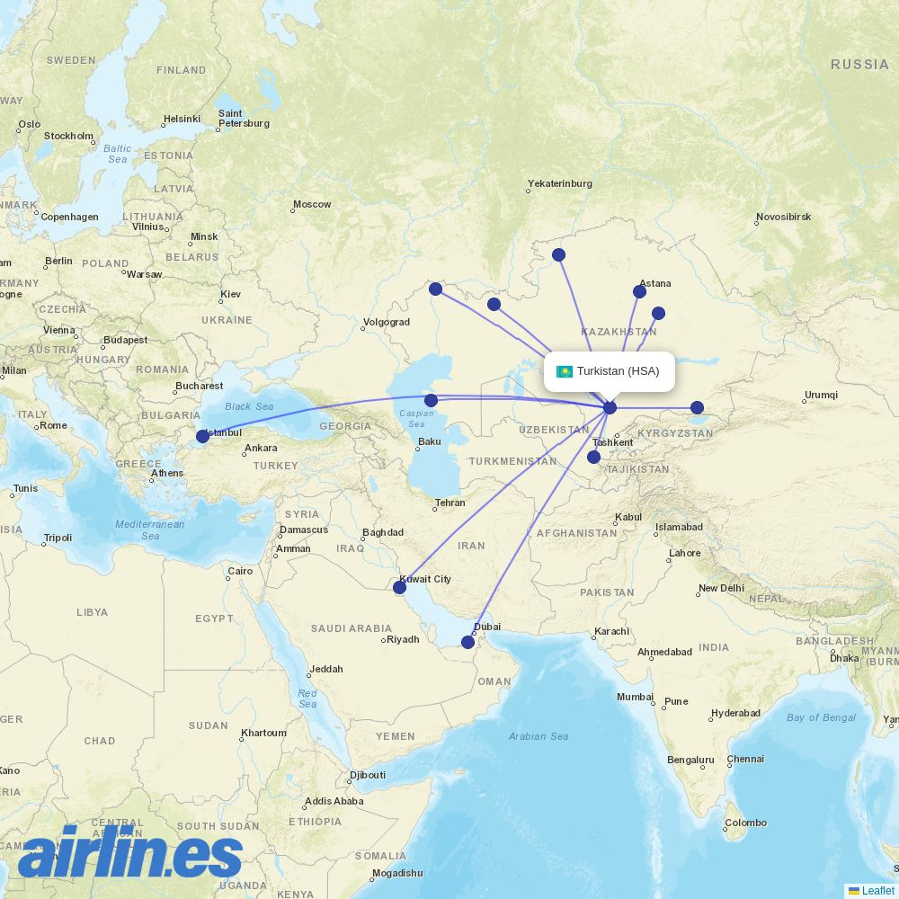 FlyArystan from Turkistan International Airport destination map