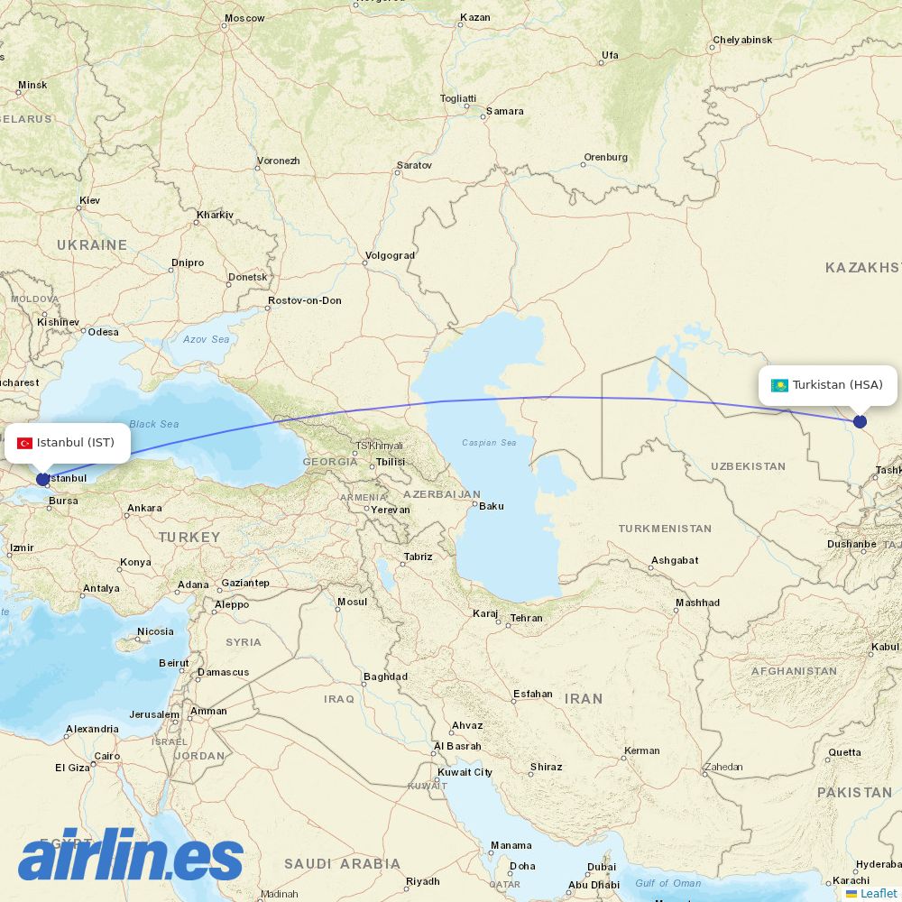 Turkish Airlines from Turkistan International Airport destination map