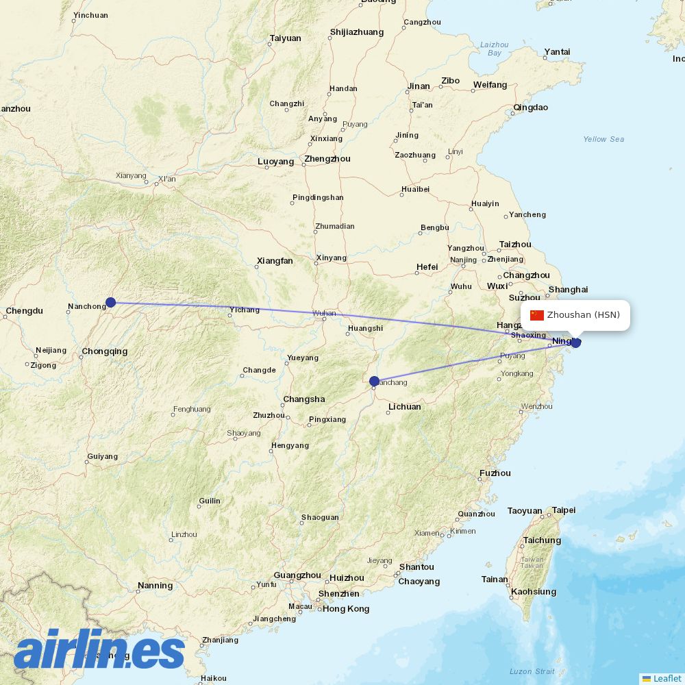 Sichuan Airlines from Zhoushan destination map