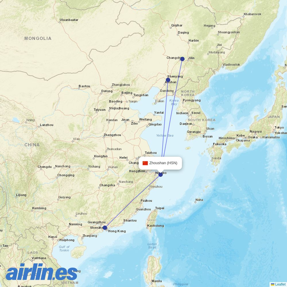 Donghai Airlines from Zhoushan destination map