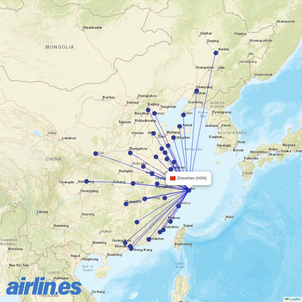 Qingdao Airlines from Zhoushan destination map