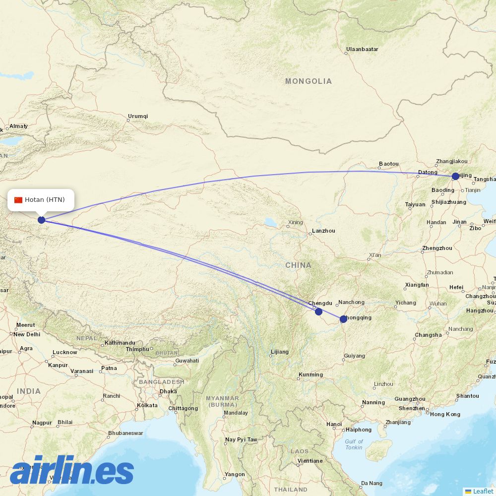 Air China from Hotan destination map