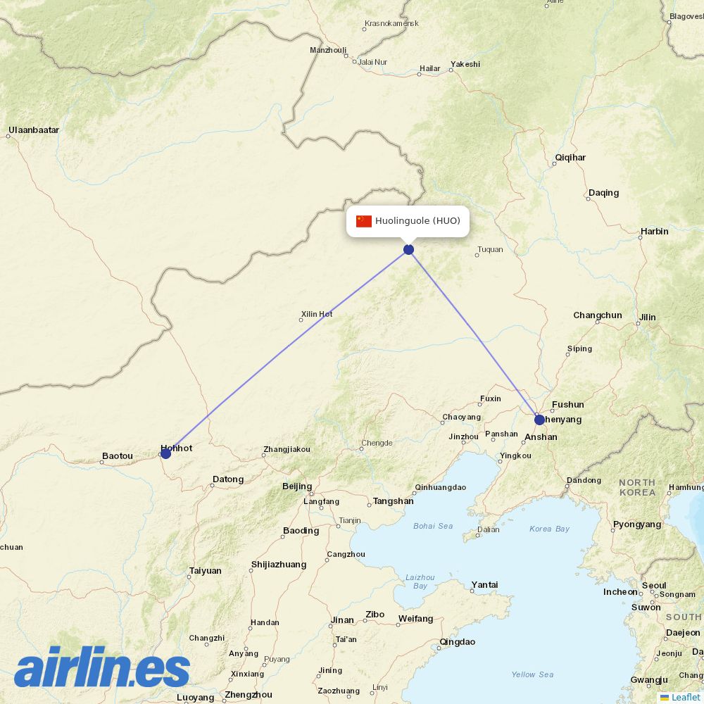 Ruili Airlines from Huolinhe Airport destination map