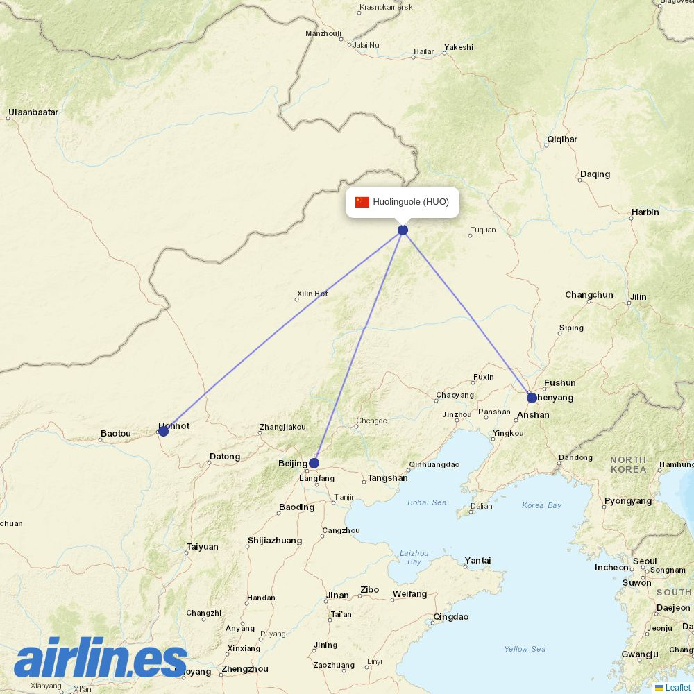 Hainan Airlines from Huolinhe Airport destination map