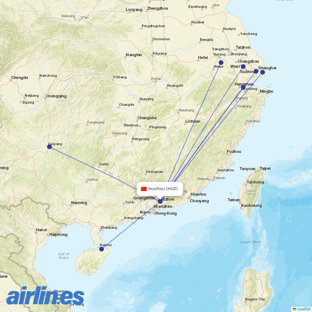 Juneyao Airlines from Huizhou destination map