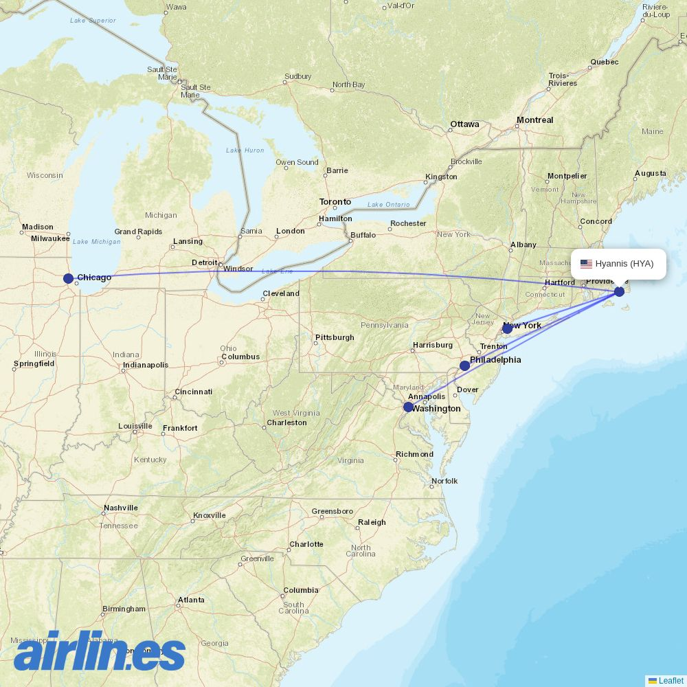 American Airlines from Barnstable Muni Boardman Polando Fld destination map