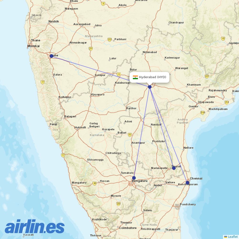 Alliance Air from Rajiv Gandhi International Airport destination map