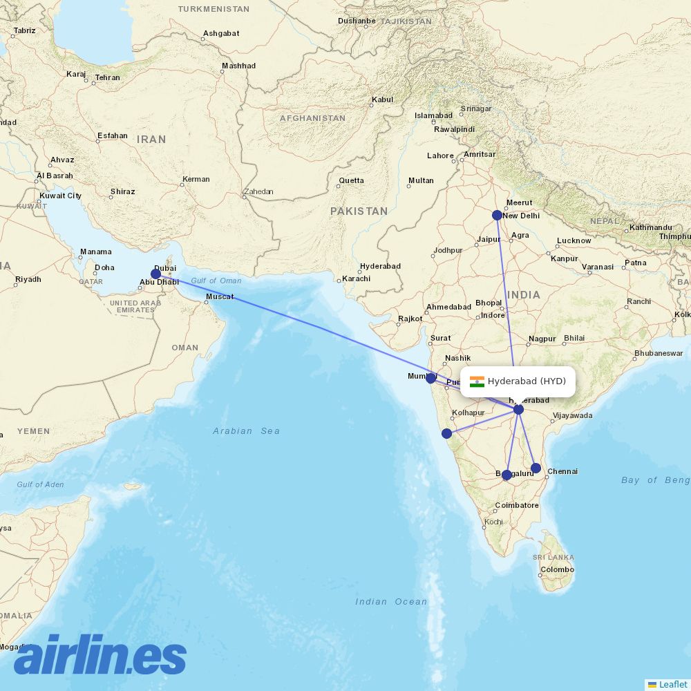 Air India at HYD route map
