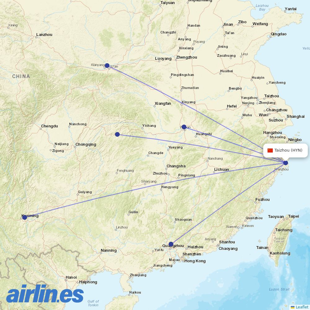China Eastern Airlines from Luqiao Airport destination map