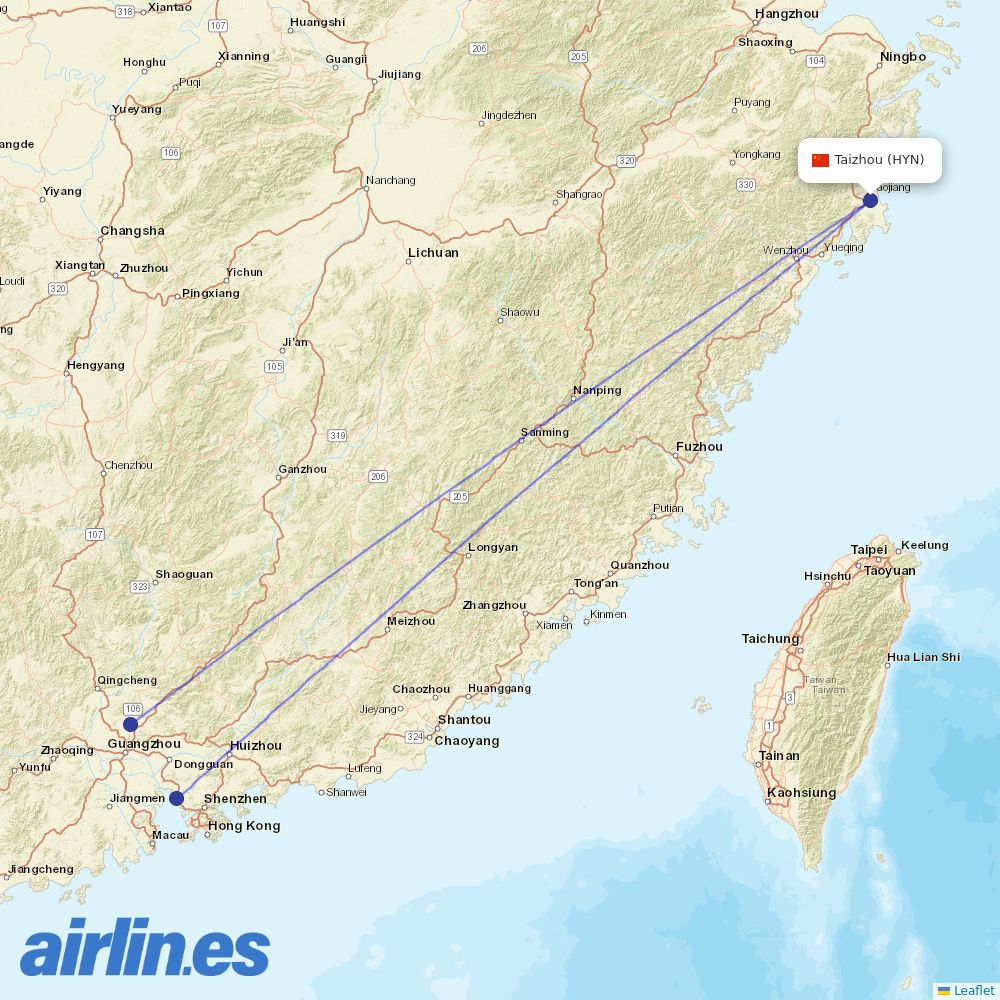 Shenzhen Airlines from Luqiao Airport destination map
