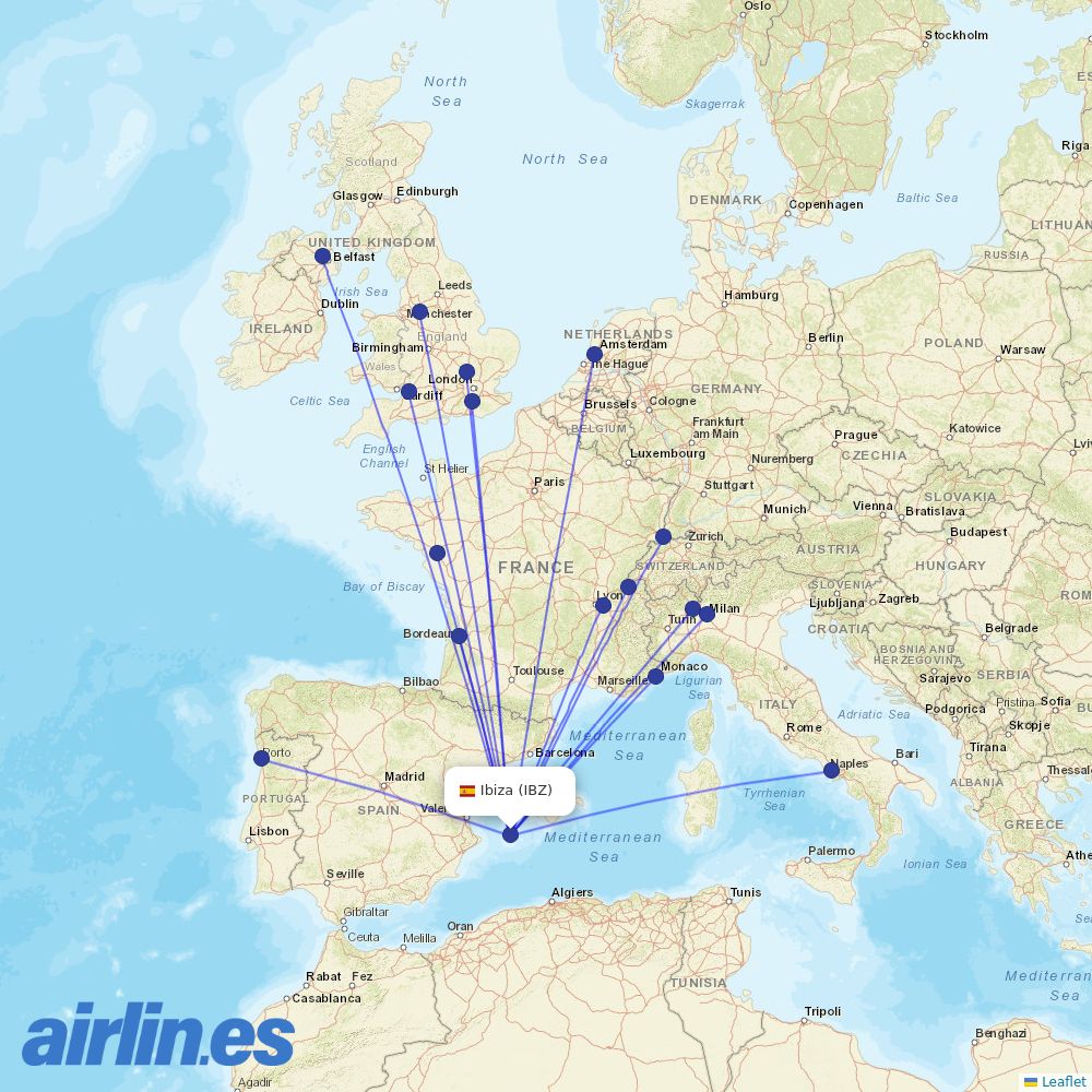 easyJet from Ibiza Airport destination map