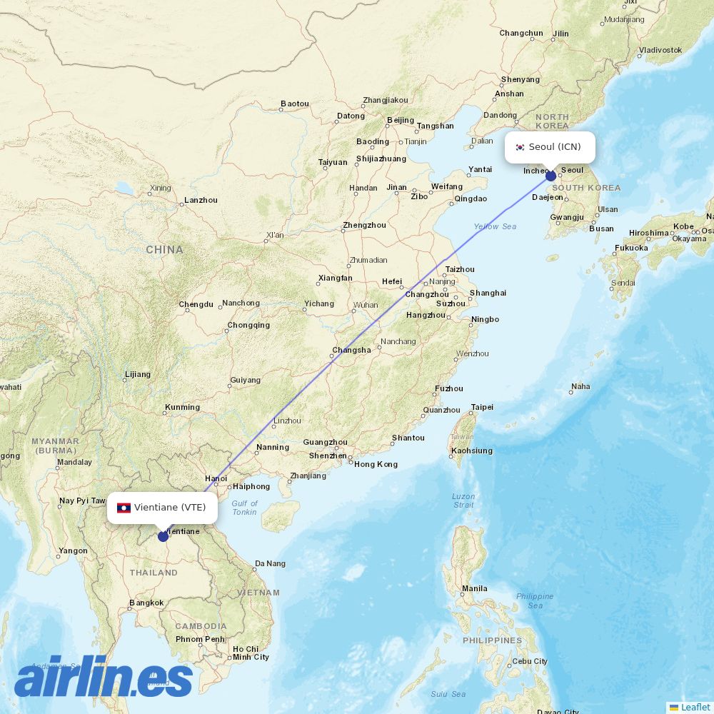 Lao Airlines from Incheon International Airport destination map