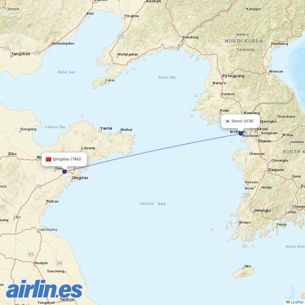 Qingdao Airlines from Incheon International Airport destination map