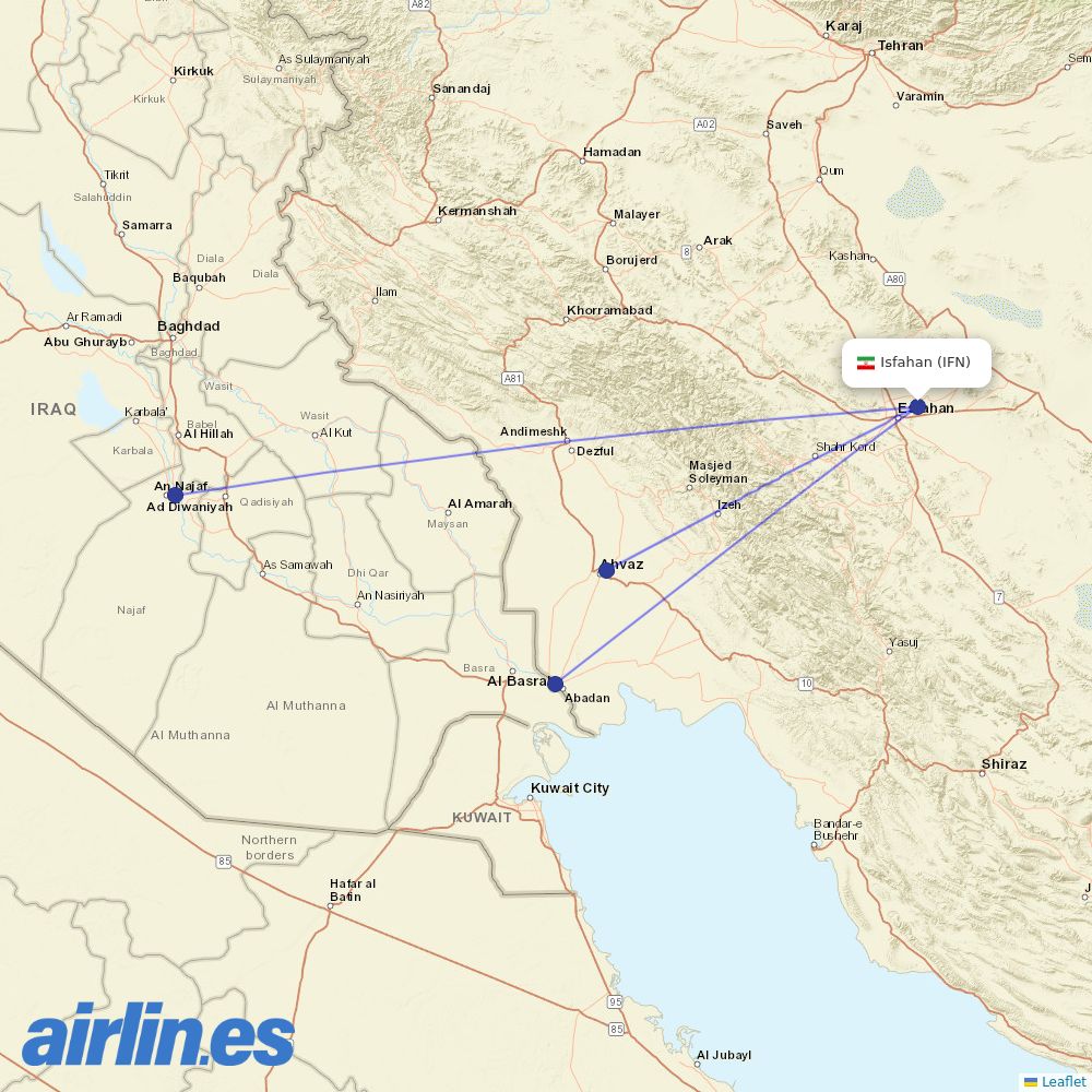 Iran Aseman Airlines from Esfahan Shahid Beheshti Intl destination map