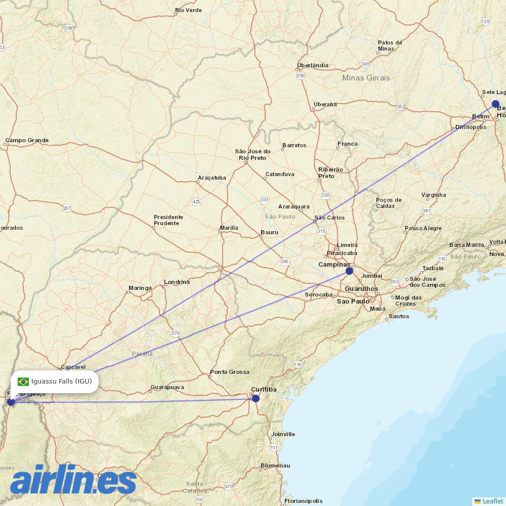 Azul from Cataratas International destination map
