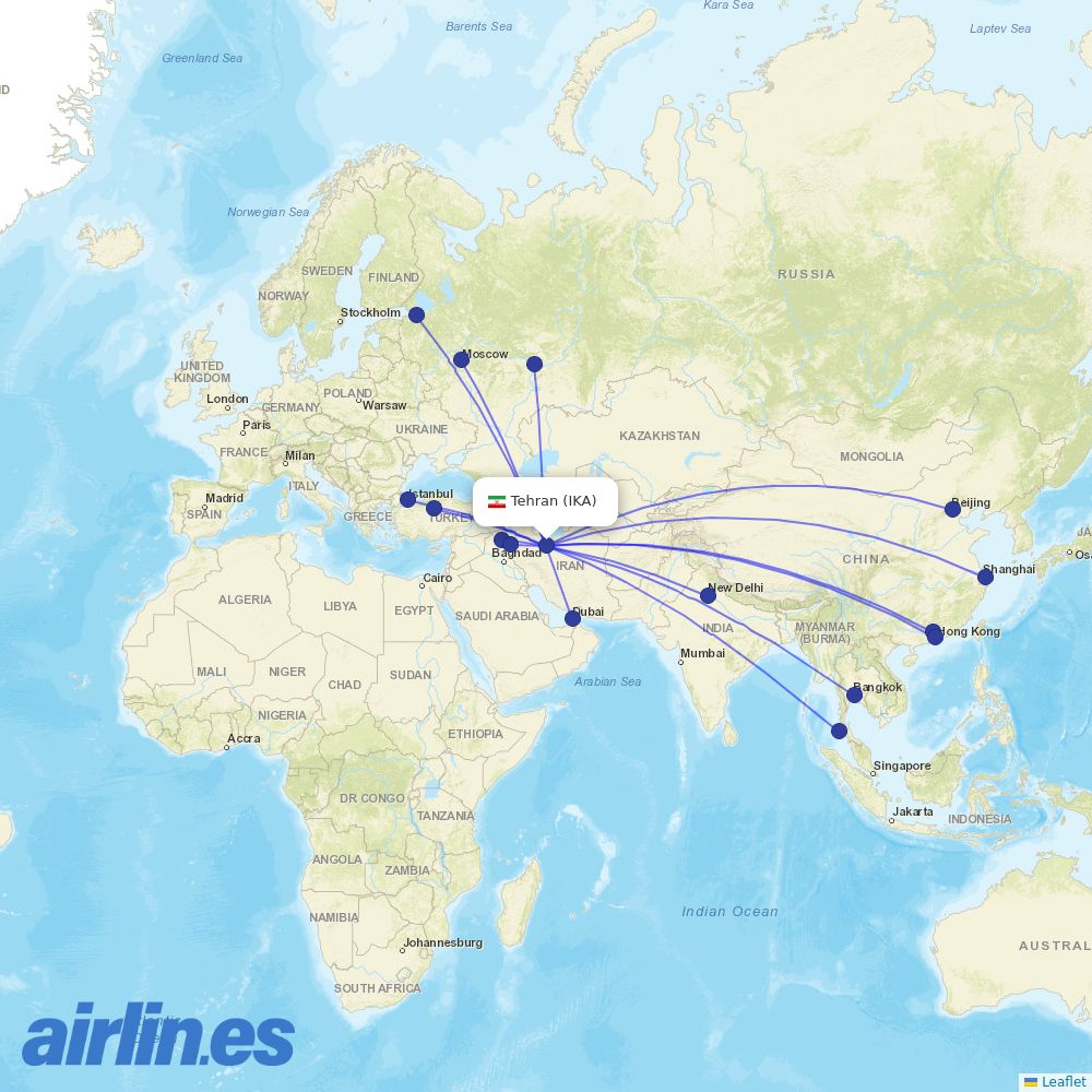 Mahan Air from Imam Khomeini destination map