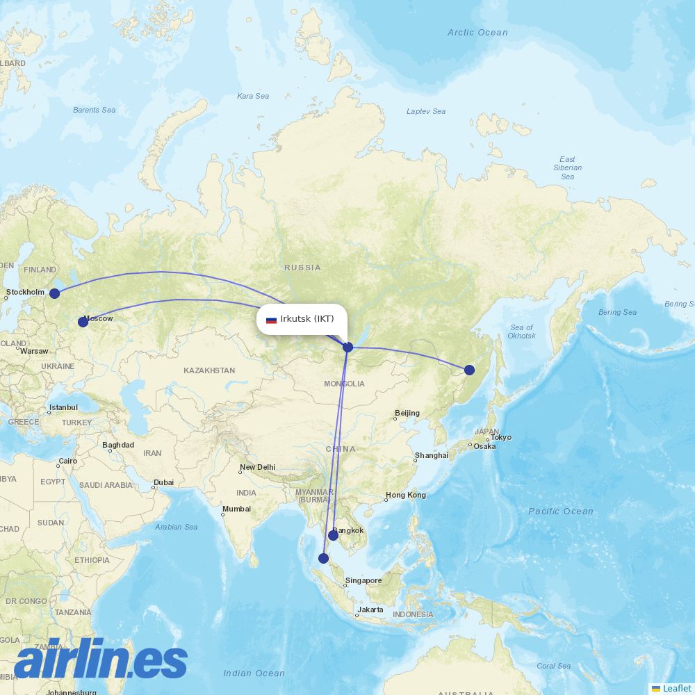 Aeroflot from Irkutsk destination map