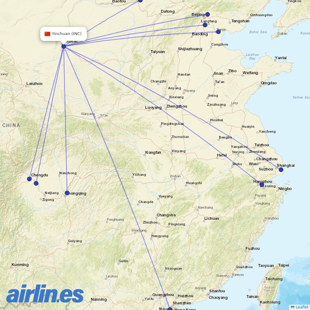 Air China from Yinchuan Hedong International Airport destination map