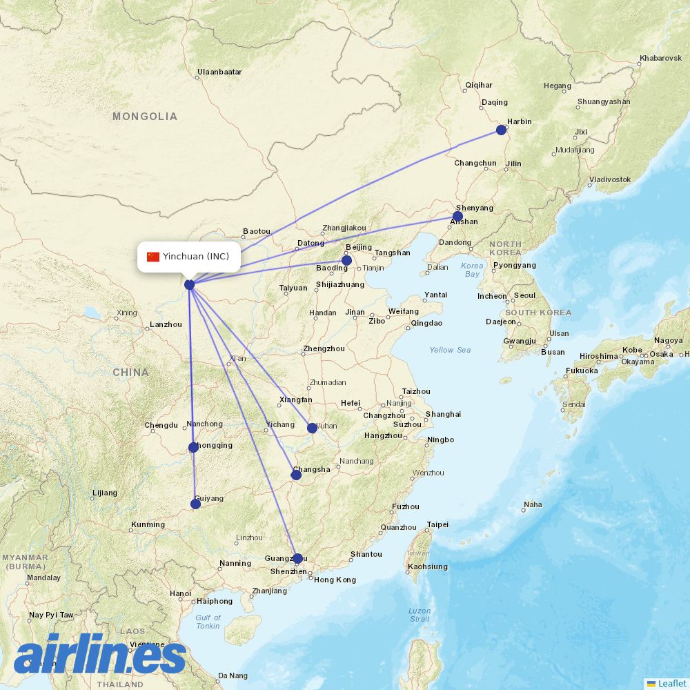 China Southern Airlines from Yinchuan Hedong International Airport destination map