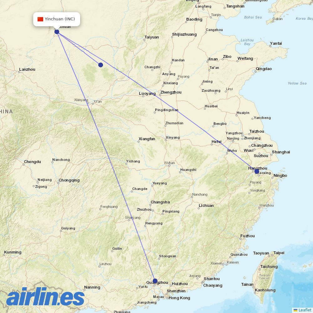 Beijing Capital Airlines from Yinchuan Hedong International Airport destination map