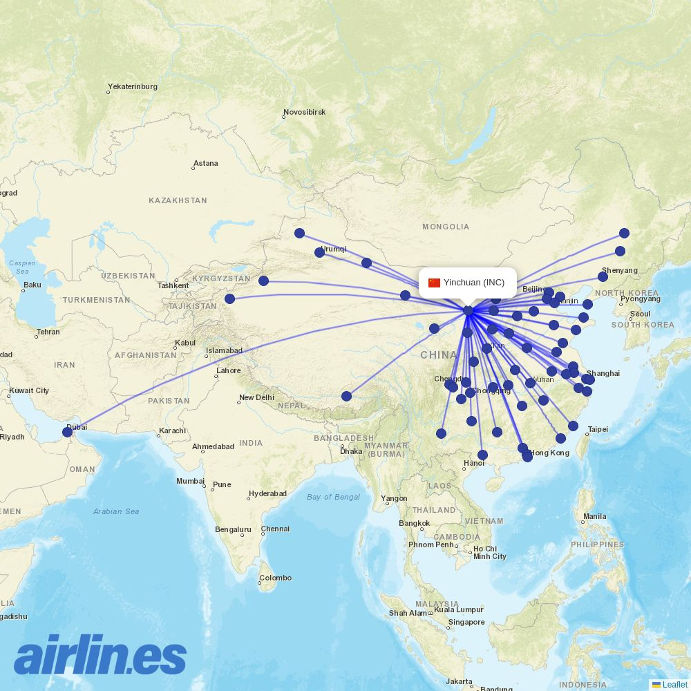LJ Air from Yinchuan Hedong International Airport destination map
