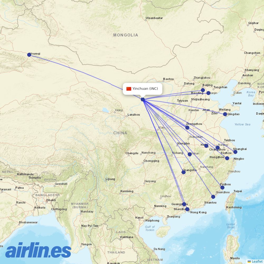 Xiamen Airlines from Yinchuan Hedong International Airport destination map