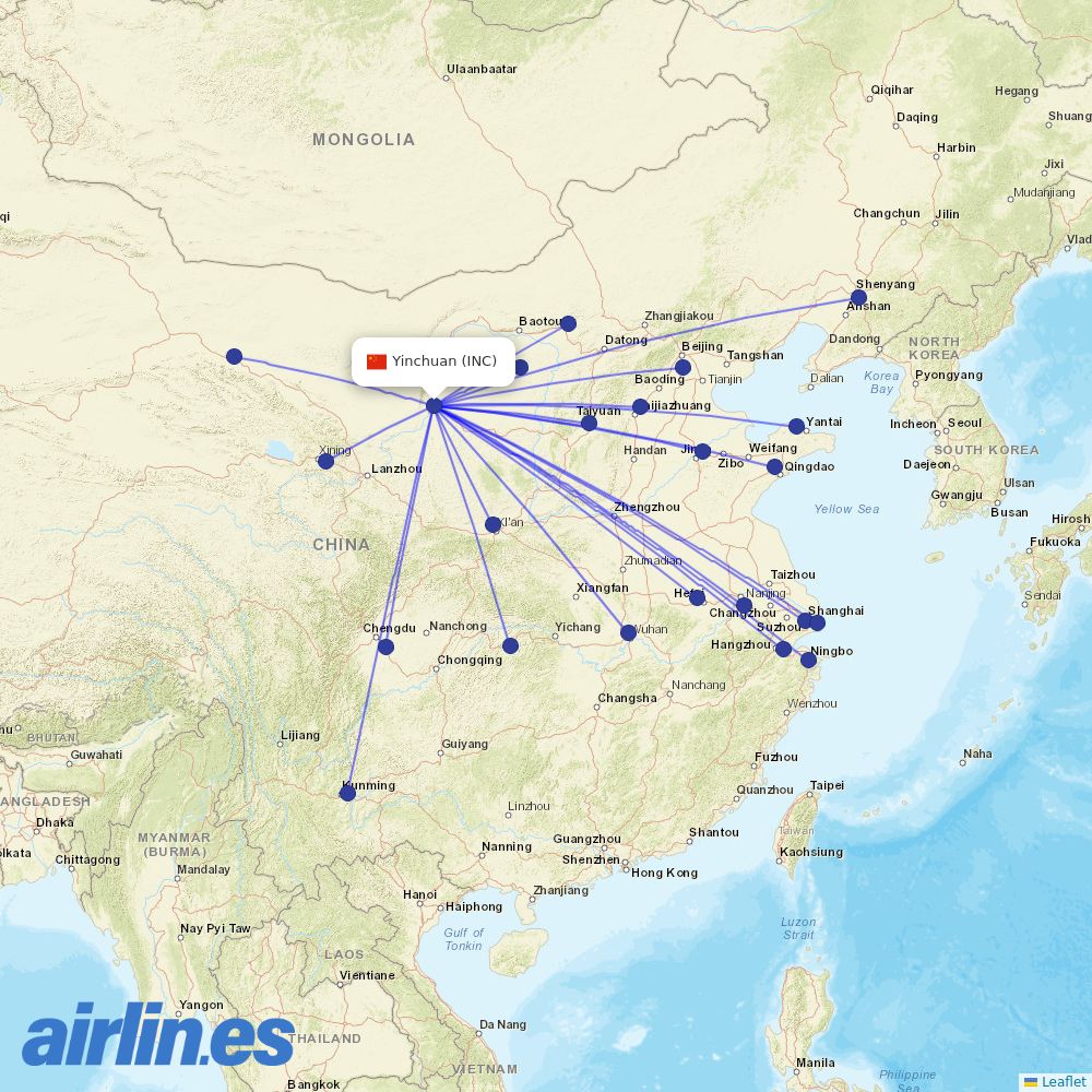 China Eastern Airlines from Yinchuan Hedong International Airport destination map